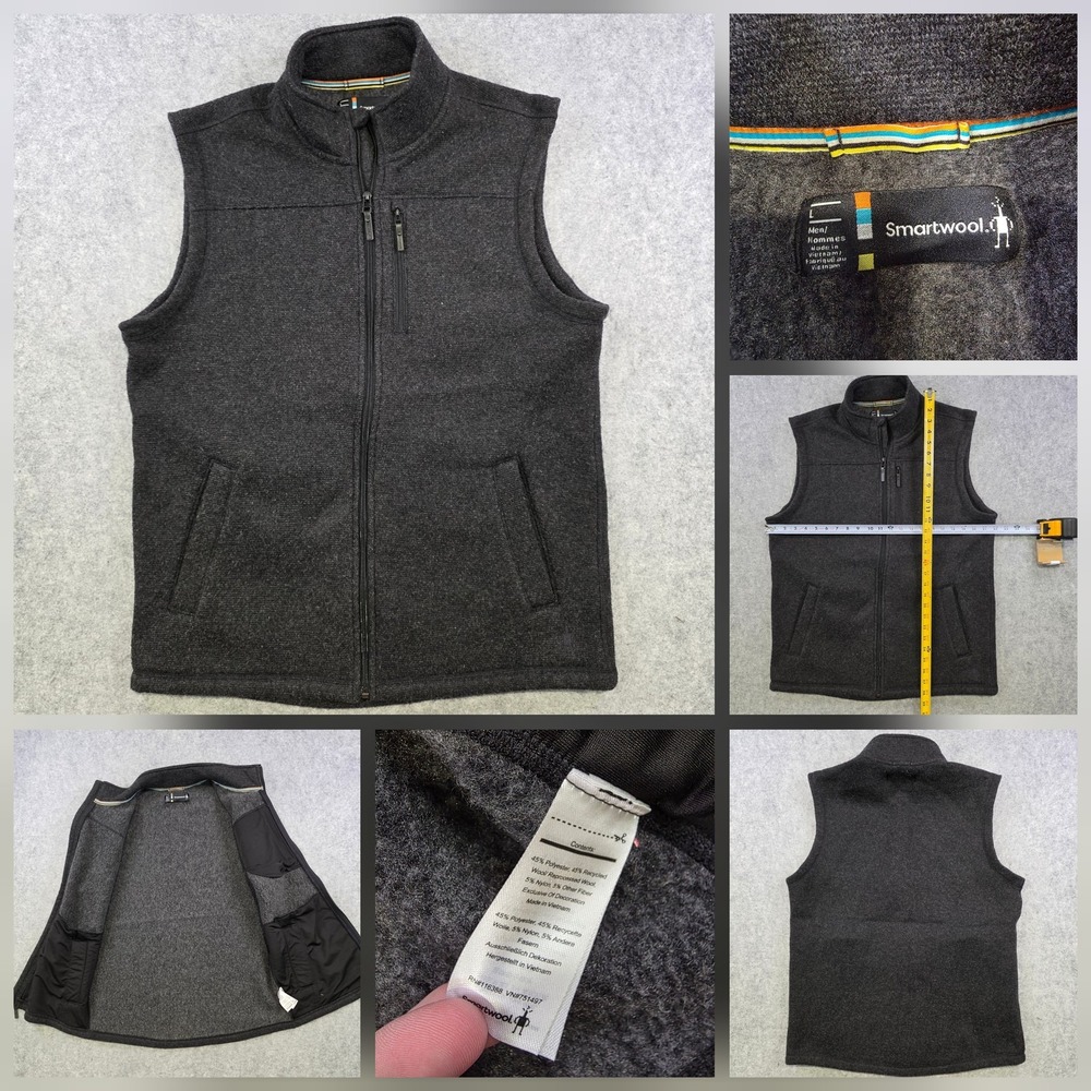 Smartwool Vest Mens Large Gray Wool Knit Full Zip Lined Pockets Outdoor SW016319